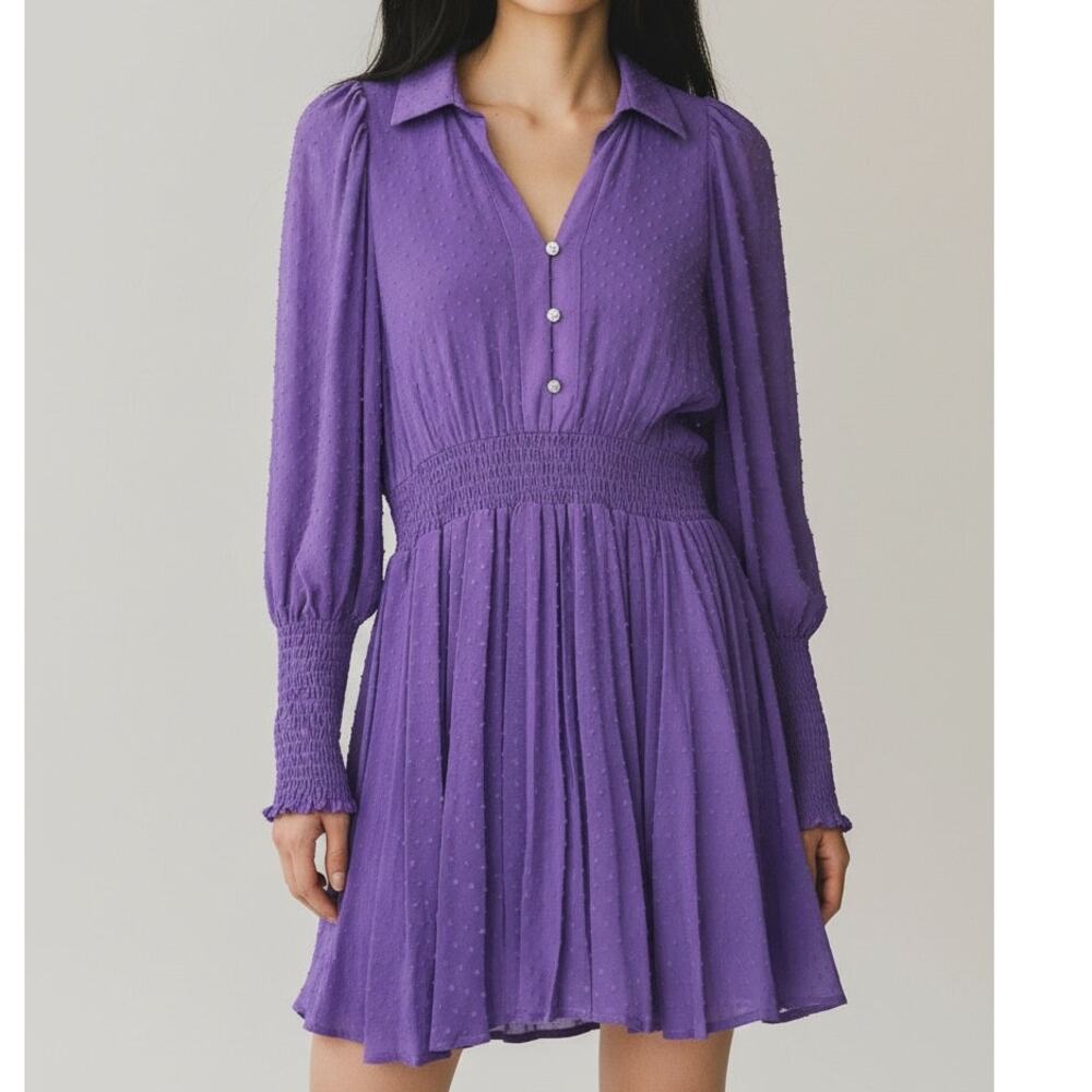 Zara Swiss Dots Ruffle Long Sleeve Elastic Cuffs Flounce Hem Mini Dress L Purple